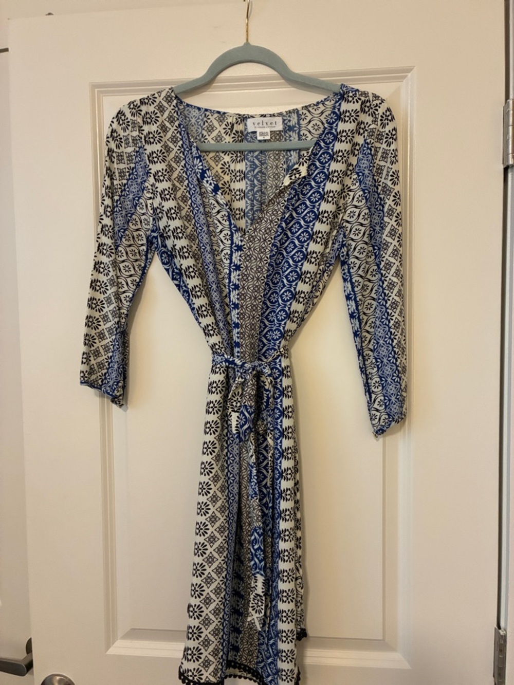 Velvet by Graham & Spencer Blue and White Printed Wrap Midi Dress